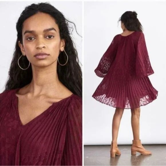 Anthropologie Toulon Pleated Swing Mini Dress Size XL Burgundy - Picture 2 of 10